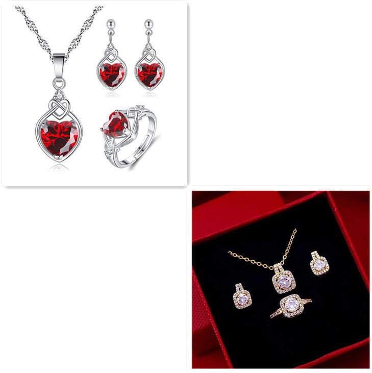 Gold-Tone Zircon Gem Jewelry Set Choker Necklace, Stud Earrings, and Statement Ring for Women