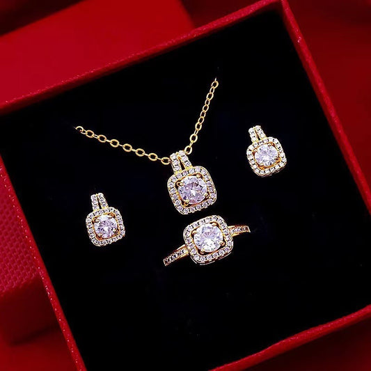 Gold-Tone Zircon Gem Jewelry Set Choker Necklace, Stud Earrings, and Statement Ring for Women