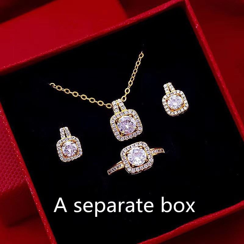 Gold-Tone Zircon Gem Jewelry Set Choker Necklace, Stud Earrings, and Statement Ring for Women
