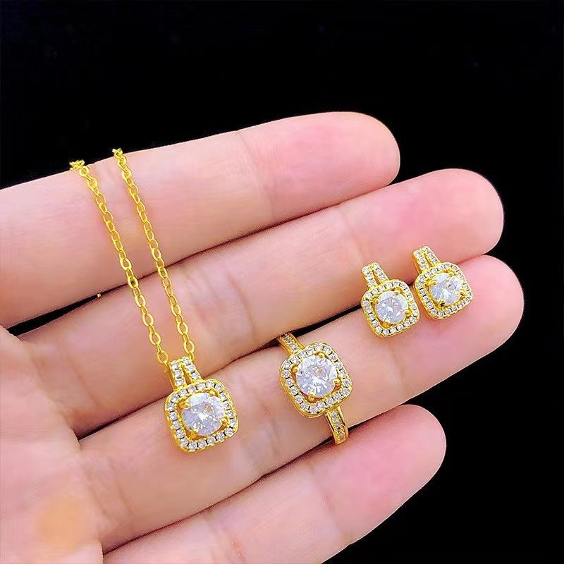 Gold-Tone Zircon Gem Jewelry Set Choker Necklace, Stud Earrings, and Statement Ring for Women