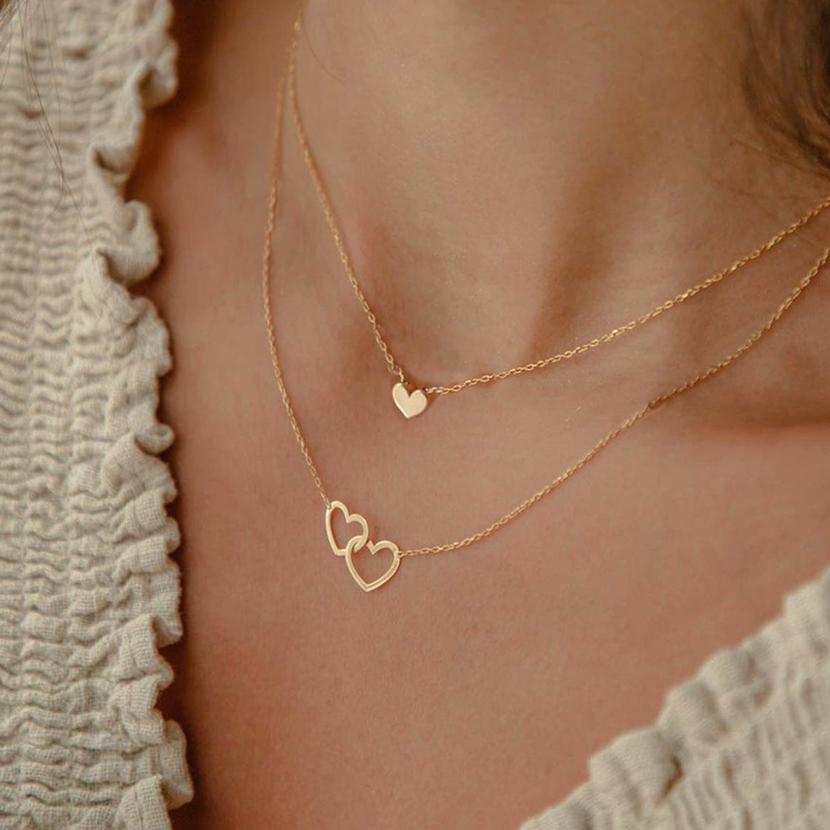 Double-Layer Heart and Cross Pendant Necklace Classic Gold Heart-Shaped Jewelry for Women