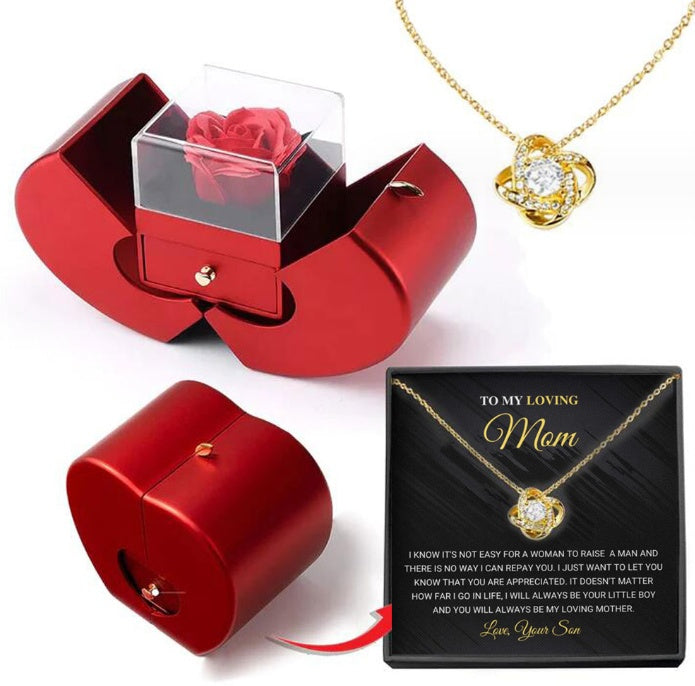 Red Apple Jewelry Box with Eternal Rose and Necklace Ideal Gift for Valentine's Day, Mother's Day, and Christmas