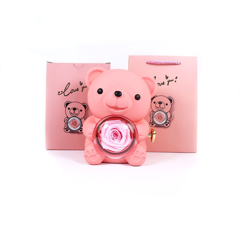 Eternal Rose Teddy Bear Gift Box with Rotating Necklace Case Romantic Valentine's Day and Wedding Jewelry Storage for Women