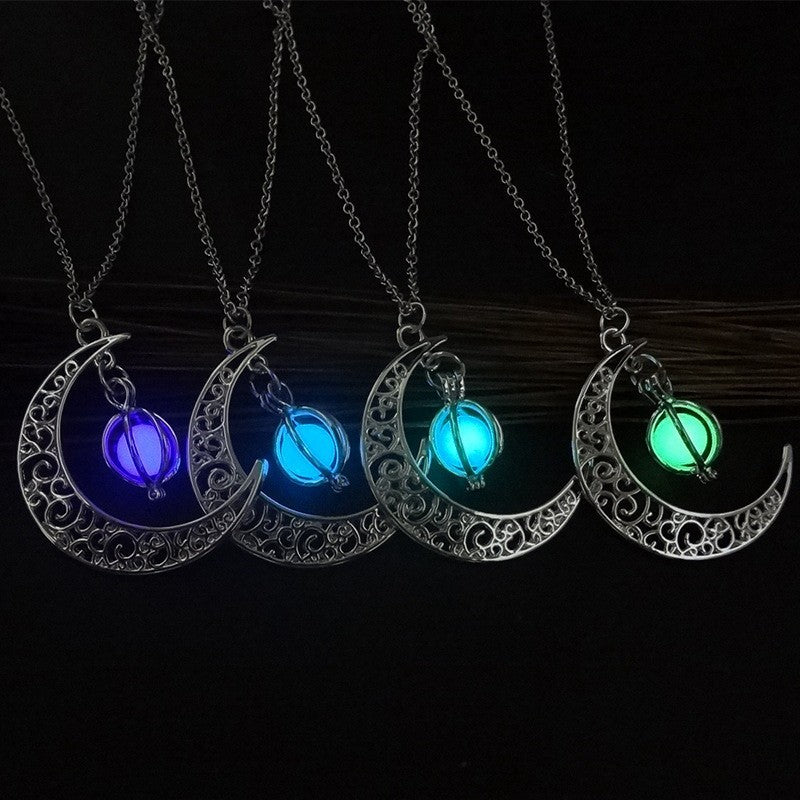 Glowing Crescent Pendant for Women Luminous Moonstone Healing Necklace