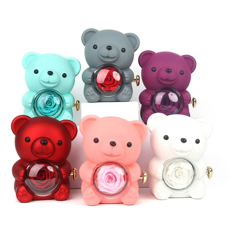 Eternal Rose Teddy Bear Gift Box with Rotating Necklace Case Romantic Valentine's Day and Wedding Jewelry Storage for Women