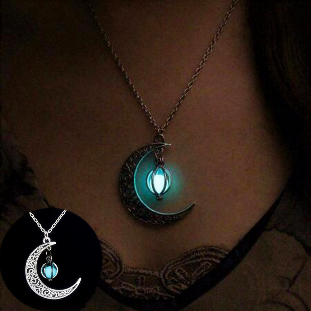 Glowing Crescent Pendant for Women Luminous Moonstone Healing Necklace