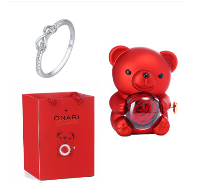 Eternal Rose Teddy Bear Gift Box with Rotating Necklace Case Romantic Valentine's Day and Wedding Jewelry Storage for Women