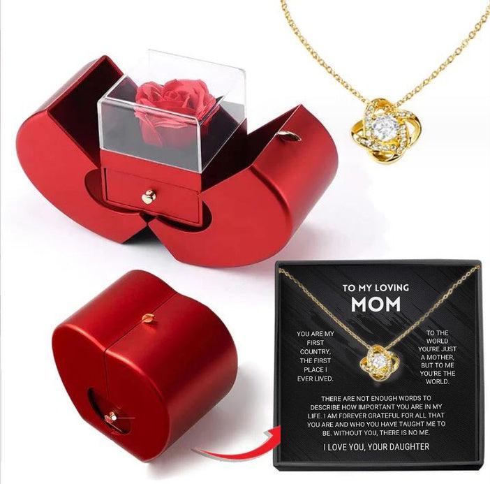 Red Apple Jewelry Box with Eternal Rose and Necklace Ideal Gift for Valentine's Day, Mother's Day, and Christmas