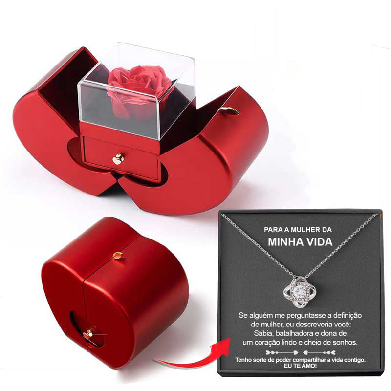 Red Apple Jewelry Box with Eternal Rose and Necklace Ideal Gift for Valentine's Day, Mother's Day, and Christmas