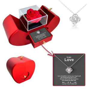 Red Apple Jewelry Box with Eternal Rose and Necklace Ideal Gift for Valentine's Day, Mother's Day, and Christmas