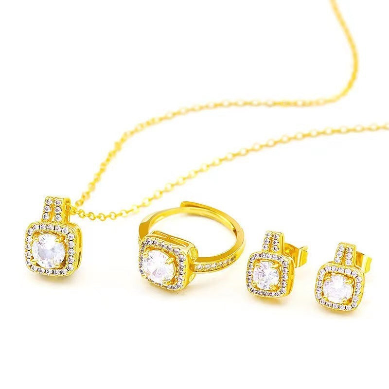 Gold-Tone Zircon Gem Jewelry Set Choker Necklace, Stud Earrings, and Statement Ring for Women