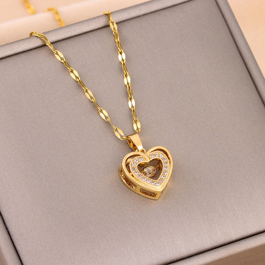 Double-Layer Heart Necklace with Rhinestones Titanium Steel Love Pendant for Women