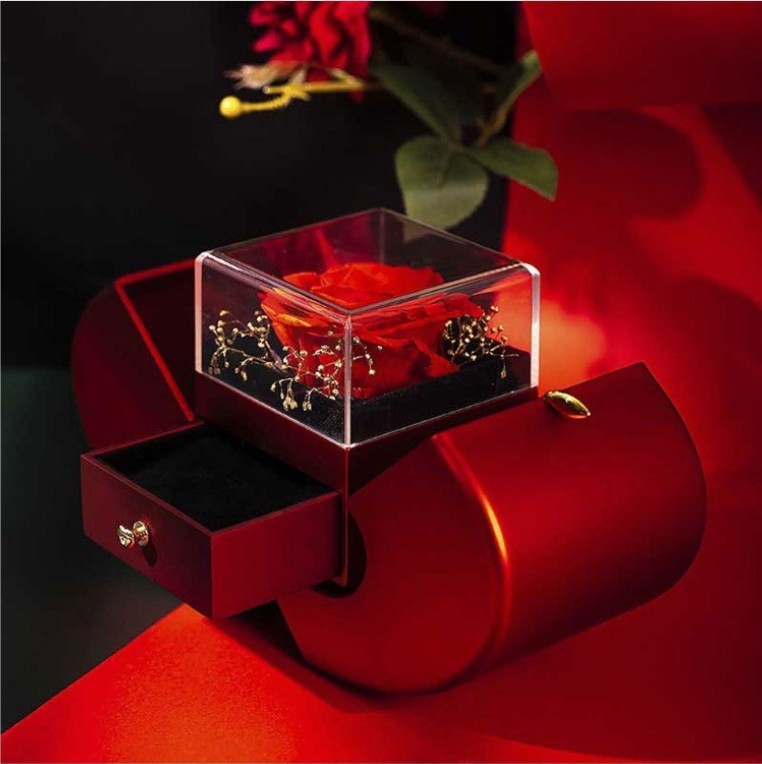 Red Apple Jewelry Box with Eternal Rose and Necklace Ideal Gift for Valentine's Day, Mother's Day, and Christmas