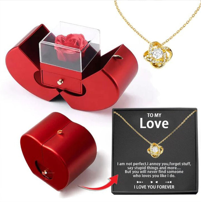 Red Apple Jewelry Box with Eternal Rose and Necklace Ideal Gift for Valentine's Day, Mother's Day, and Christmas