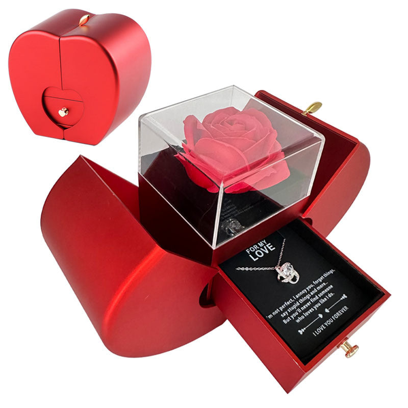 Red Apple Jewelry Box with Eternal Rose and Necklace Ideal Gift for Valentine's Day, Mother's Day, and Christmas